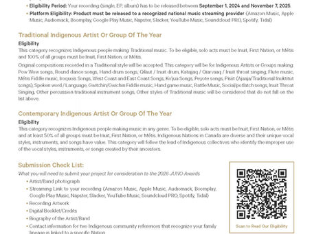 2026 JUNO AWARDS: INDIGENOUS CATEGORIES