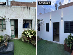 Antes y después de reforma de terraza: fachada pintada, carpintería nueva y apliques LED