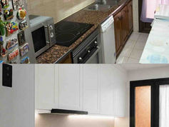 Antes y después de reforma de cocina con muebles blancos y encimera clara