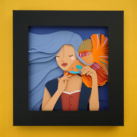 Mujer, cabello azul, celeste, Marina, Ninfa, pez de colores, pez betta, mar, profundidades, amor Papel canson, papel, canson paper, papeles arte, papel Fabriano, paper craft, cut out, papel, ilustración, cortar y pegar, paper, paper art, paper artist, paper cut, artist, paper cut art, paper love, paper illustration, ilustración infantil, handmade, hand cut paper, Maria Ponce, tijeras, colores, cortador, papeles especiales, sirena
