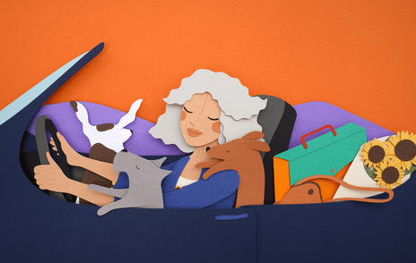 Auto, perros, mascotas, portafolio, Auto convertible, atardecer, abuela, amor familiar,  Mujer, abuela, girasoles, abrazo, amor, mujer mayor, canas, vejez, arrugas, anciana, Papel canson, papel, canson paper, papeles arte, papel Fabriano, paper craft, cut out, papel, ilustración, cortar y pegar, paper, paper art, paper artist, paper cut, artist, paper cut art, paper love, paper illustration, ilustración infantil, handmade, hand cut paper, Maria Ponce, tijeras, colores, cortador, papeles especiales