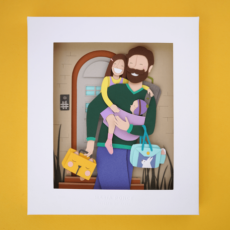 Papel canson, papel, canson paper, papeles arte, papel Fabriano, paper craft, cut out, papel, ilustración, cortar y pegar, paper, paper art, paper artist, paper cut, artist, paper cut art, paper love, paper illustration, ilustración infantil, handmade, hand cut paper, Maria Ponce, tijeras, colores, cortador, niña, familia, papá, hijos, hijo, bebé, soltero, infantil, maleta, responsabilidad, amor, familia