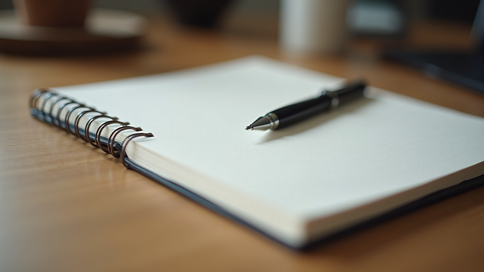 Close-up view of a journal and pen on a wooden table