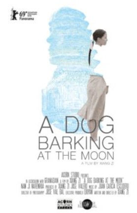 A dog barking at the moon