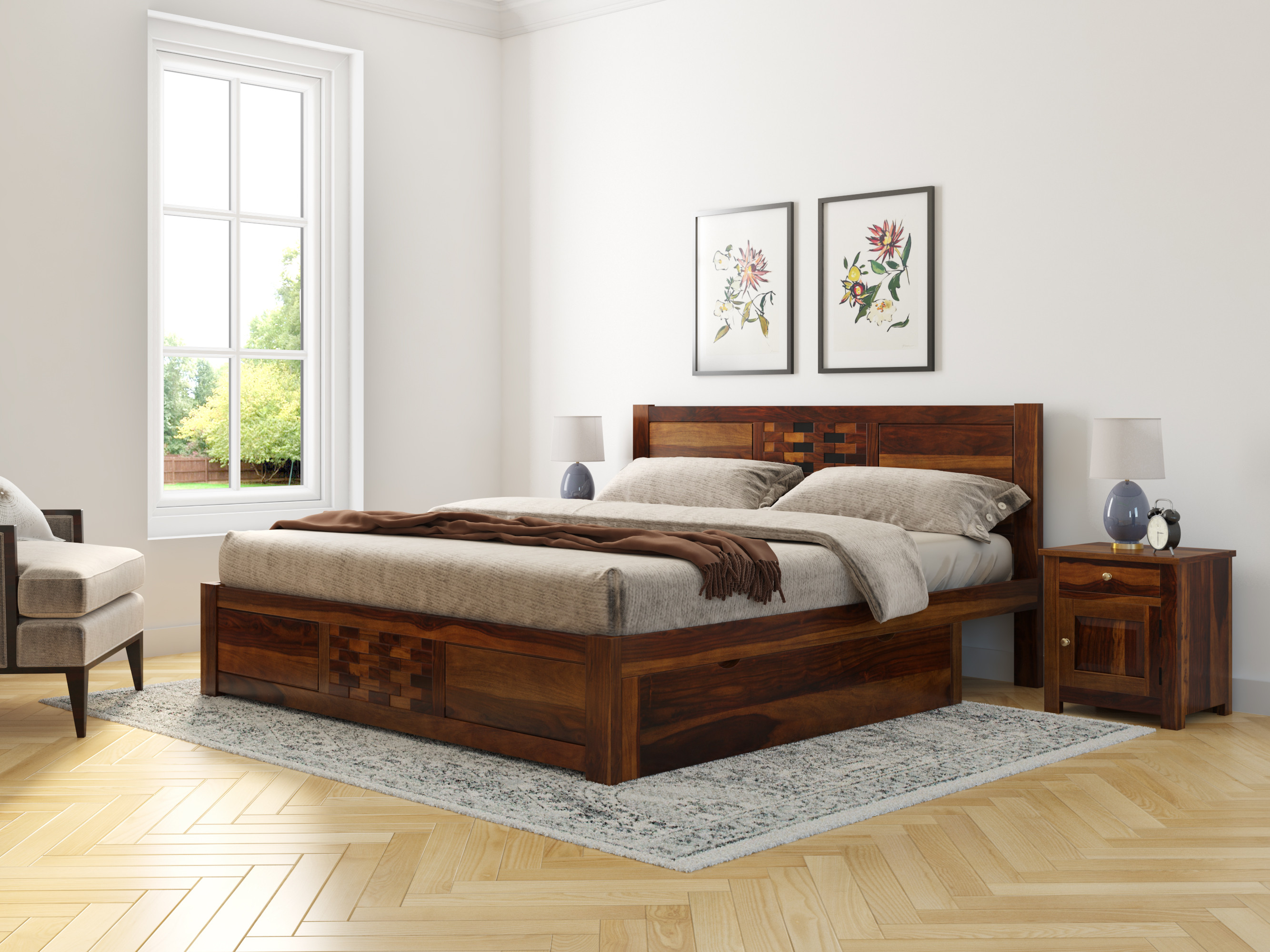 sylviasolidwoodkingdrawerbed