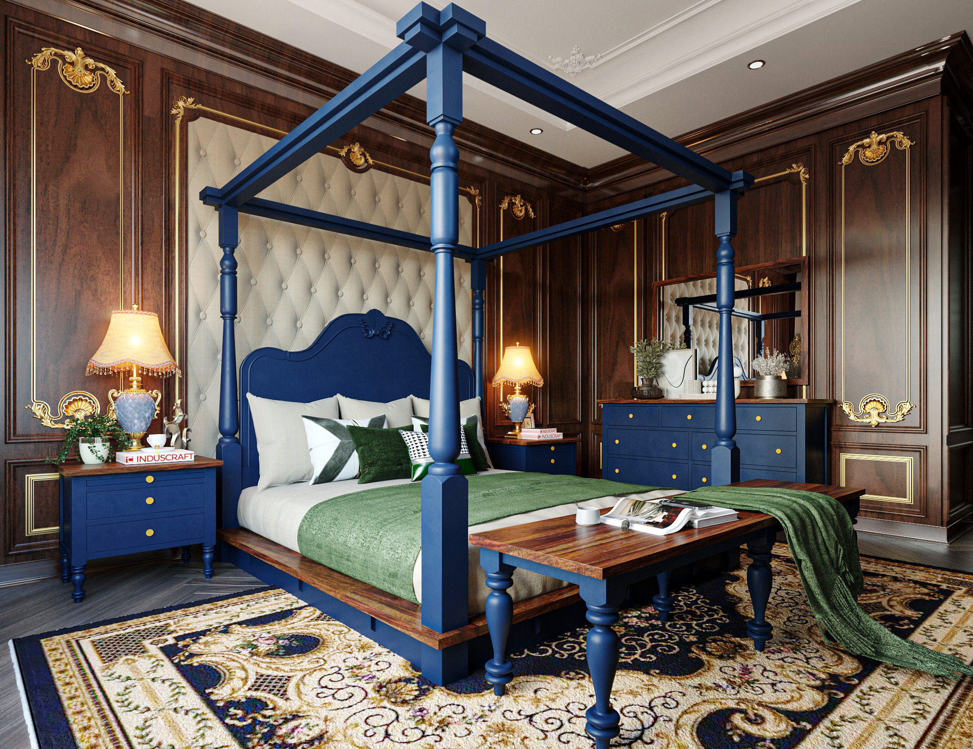 Asteriod Four Poster Platform Bed Queen Size with 2 Pcs Bedside