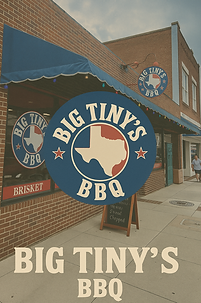 Front view of Big Tiny’s BBQ in Mooresville, North Carolina, showing the historic brick building and entrance with BBQ sign