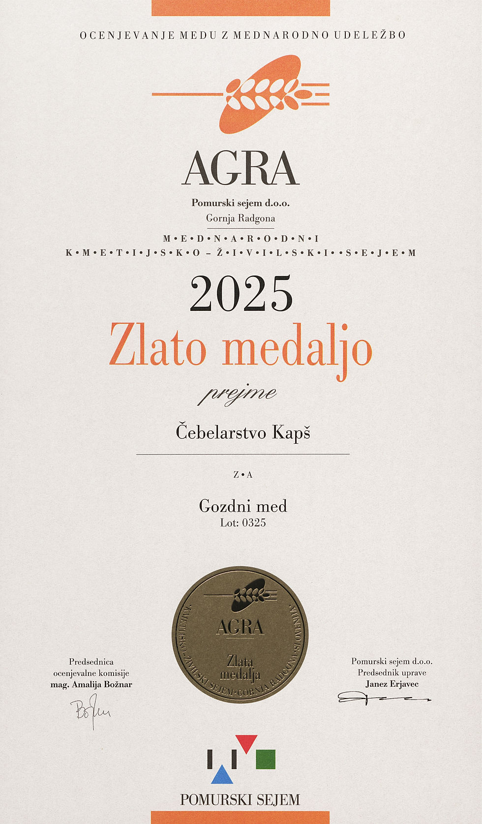 Zlata medalja AGRA 2025