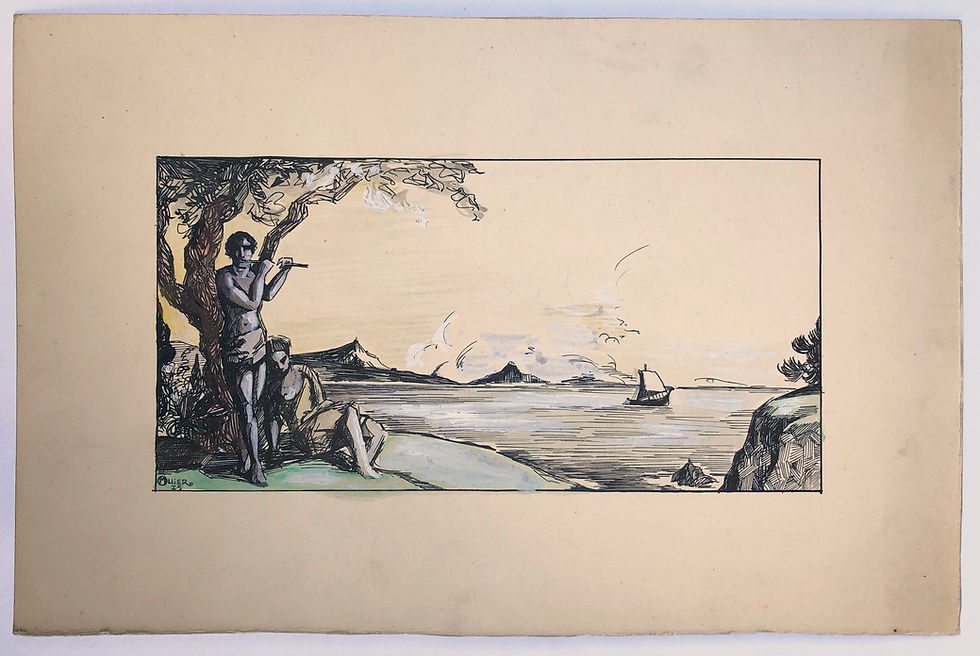Miniature : M. OLLIER - "Musicien sur fond de marine" 1925 - Dessin Ancien Encre