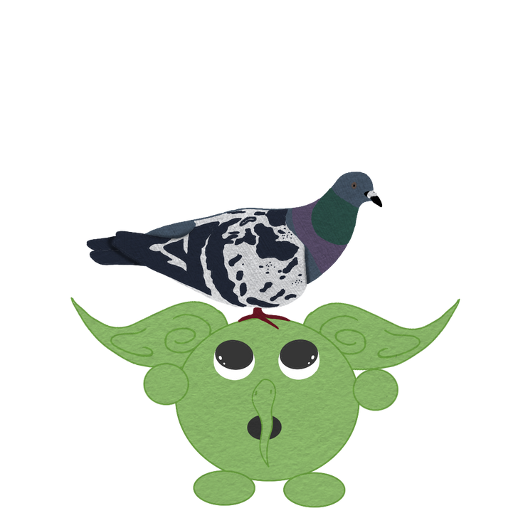 A goblin with a pigeon on top of their head.
