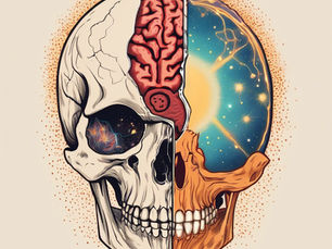 A half skull with brain and other half connecting with the universe.