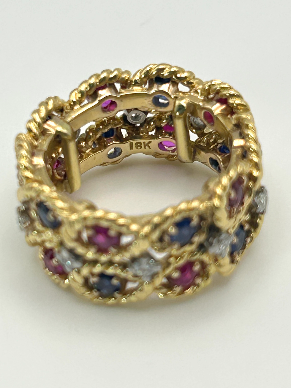 Thumbnail: 18K Yellow Gold Double Rope Eternity Sapphire, Ruby, & Diamond Ring Size 3.75