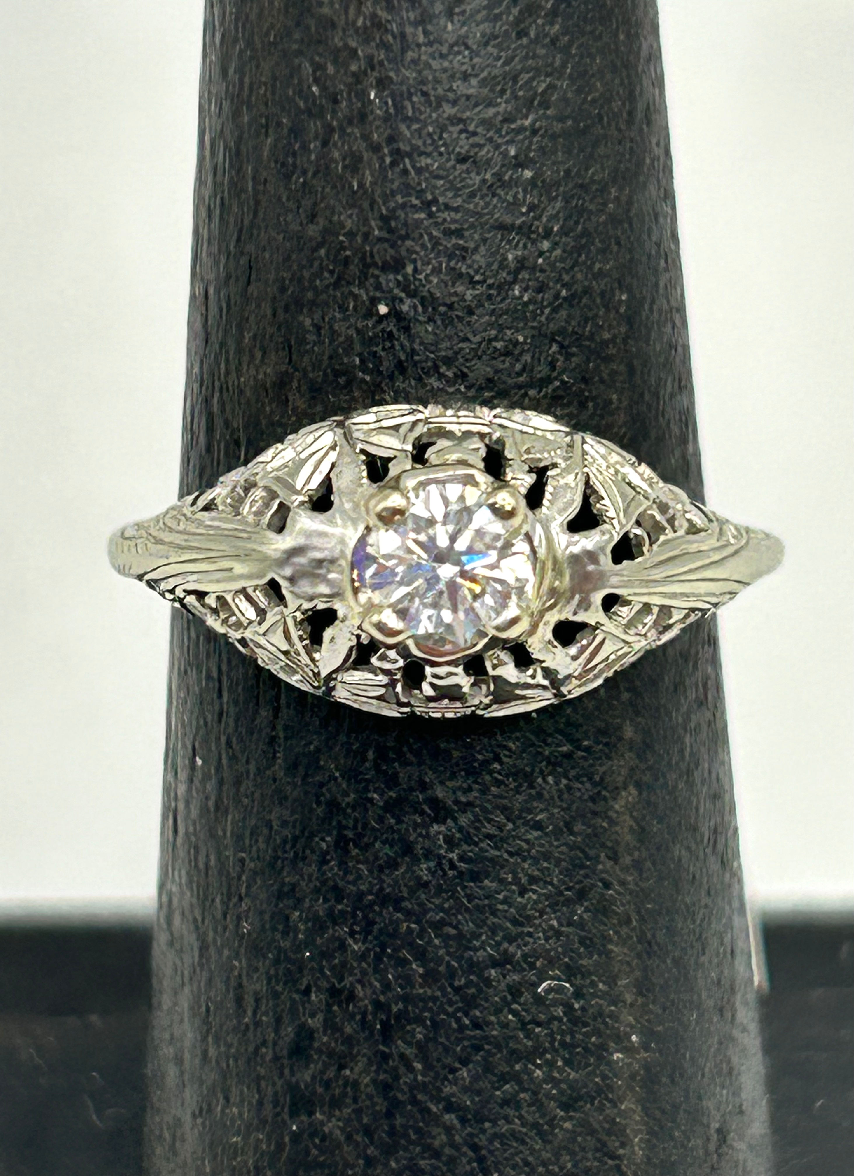 18K Antique White Gold Filagree Art Deco Diamond Solitaire Ring Size 5.5