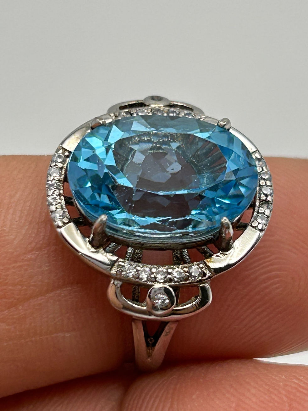 Thumbnail: 925 Sterling Silver Blue Topaz & White Quartz Adjustable Ring Size 6-9