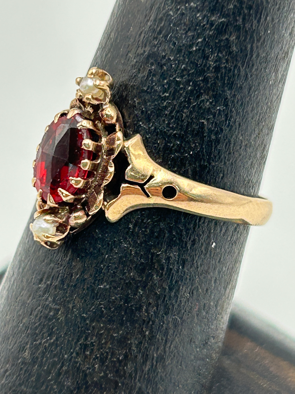 Thumbnail: 10K Yellow Gold Antique Garnet & Seed Pearl Ring Size 7