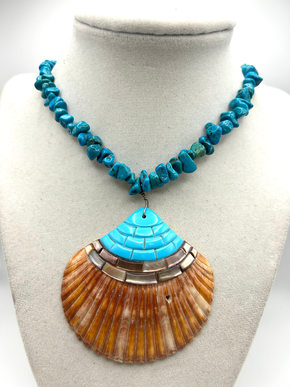 Native American Santo Domingo Pueblo Turquoise & MOP Inlay Shell Necklace