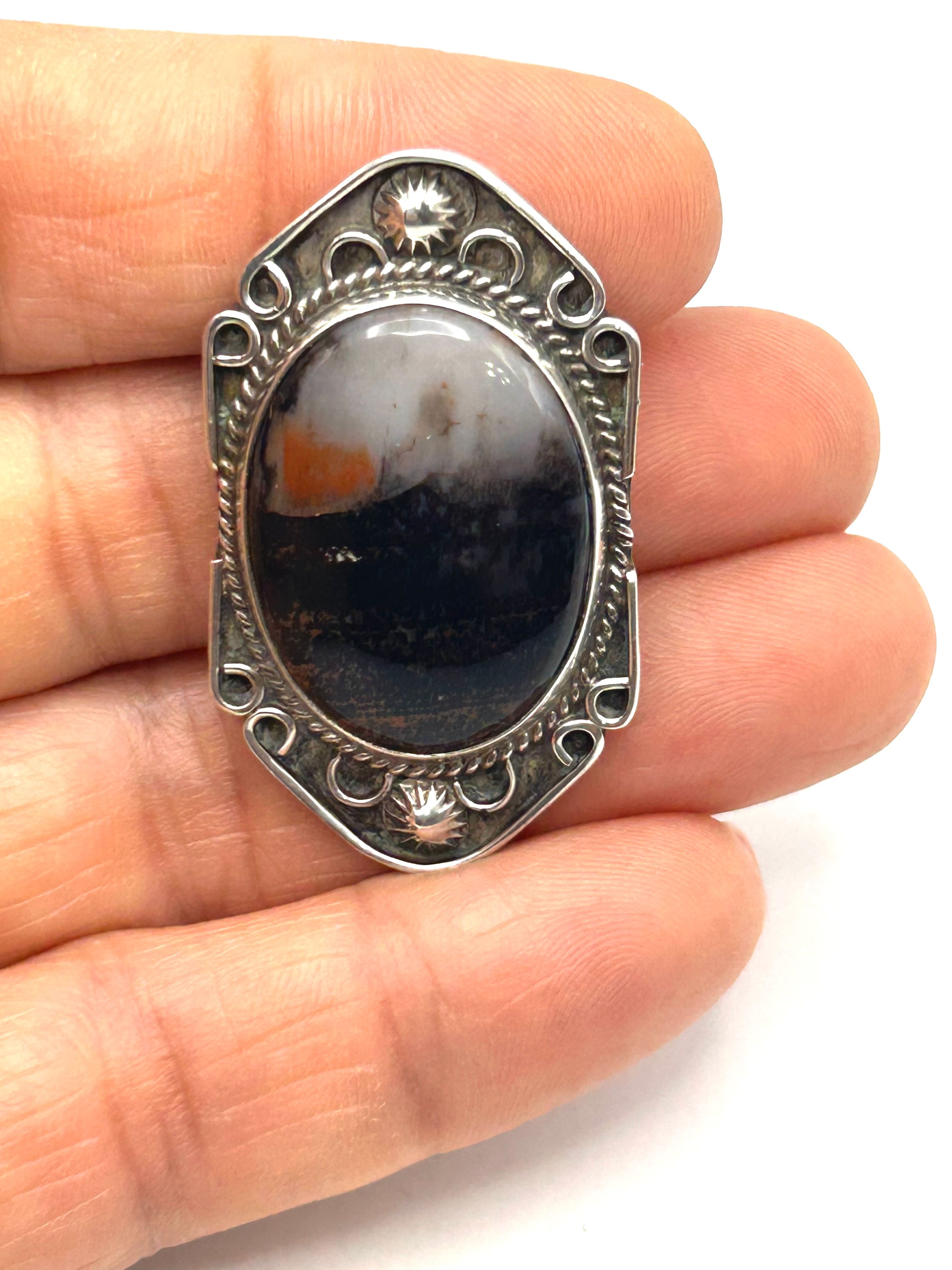 925 Sterling Silver Native American Agate Brooch Pin 1.625”