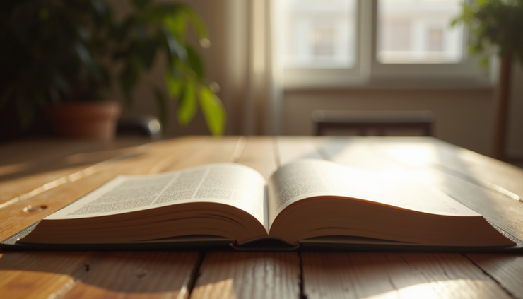 Eye-level view of an open hardcover book resting on a wooden table with soft natural light