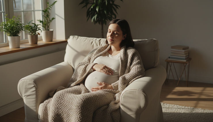 Eye-level view of a pregnant person resting by a window with a warm blanket.