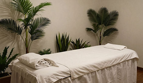 식물 장식이 배치된 관리실에서 정돈된 베드와 부드러운 조명이 어우러진 차분한 마사지 휴식 공간