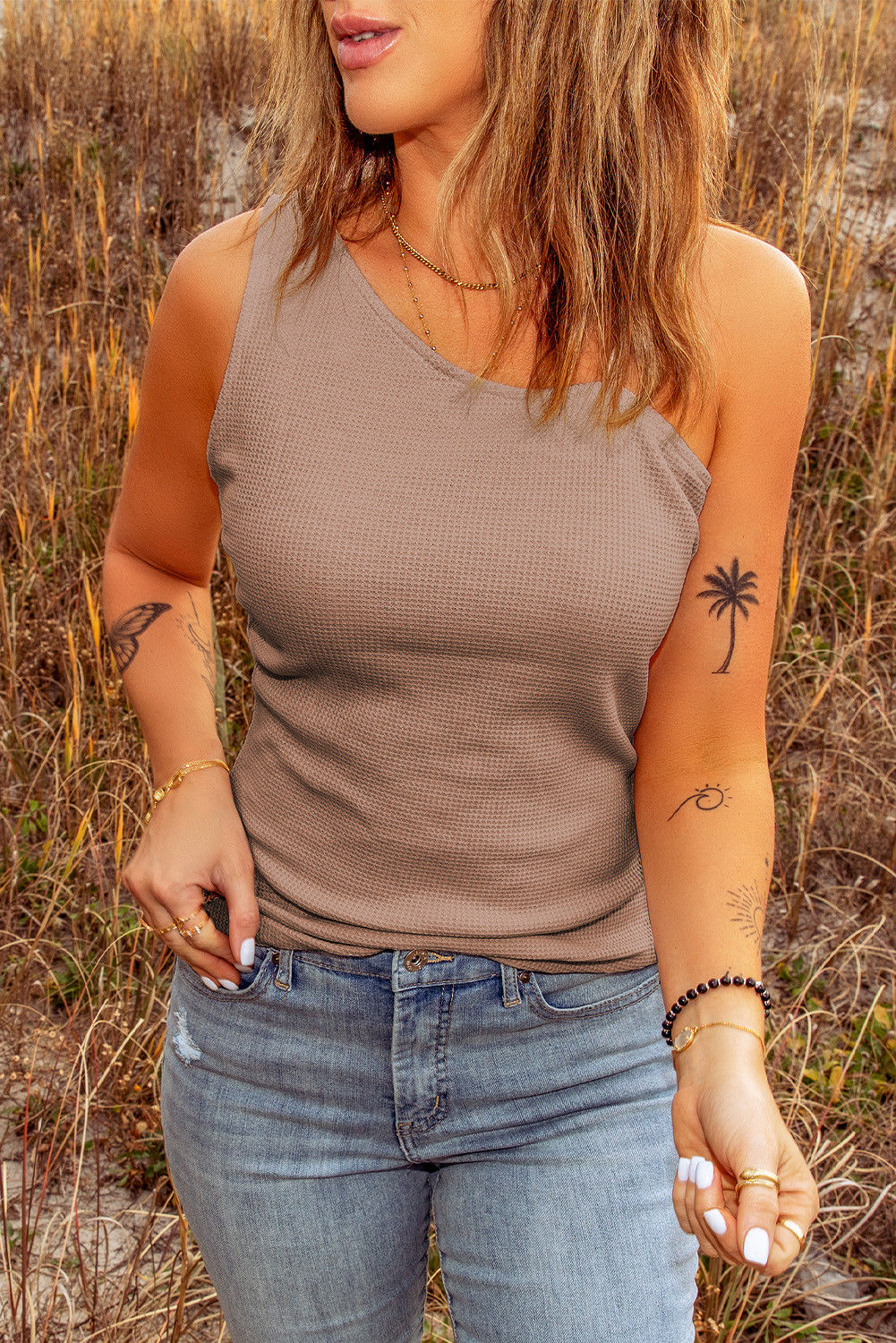 Brown Asymmetrical One-shoulder Top