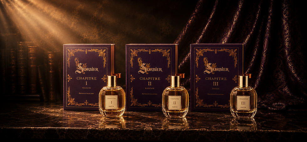 The three Chapters of the Sorbier Parfums Olfactory Library, a House of Haute Perfumery, presented in a composition inspired by an antique library.