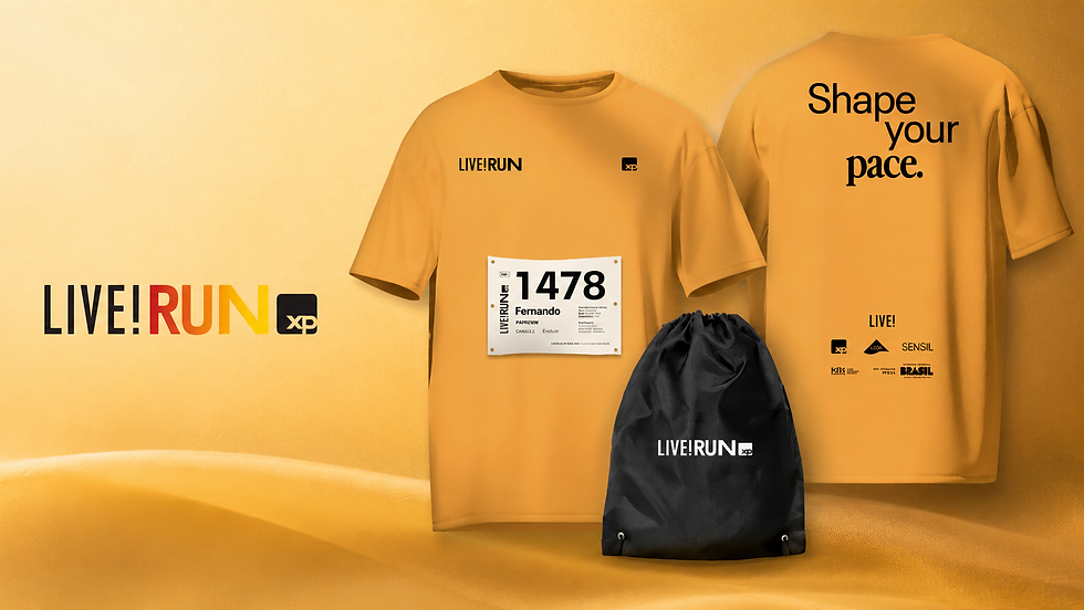 Corrida de rua LIVE! RUN XP São Paulo III 2026 no Obelisco do Ibirapuera, a foto mostra o a camiseta da prova na cor laranja