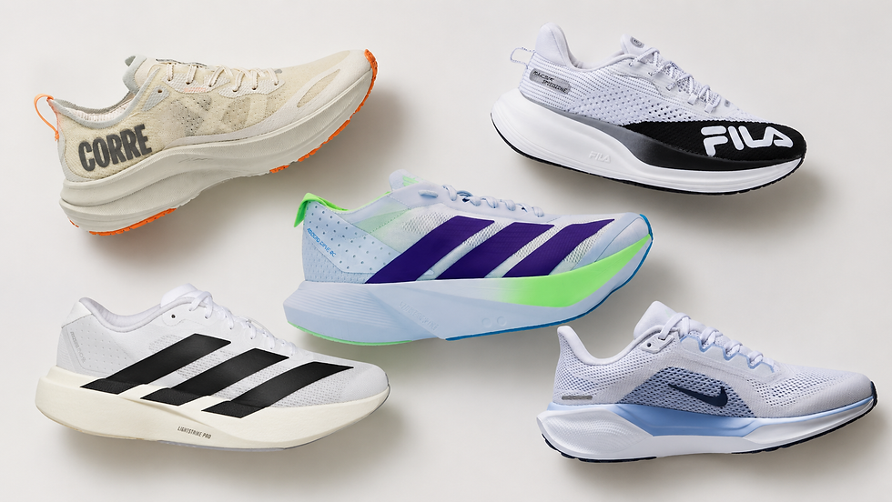 Cinco tênis de corrida recomendados para quem está treinando para a primeira meia maratona, incluindo modelos para treinos, longões e prova.