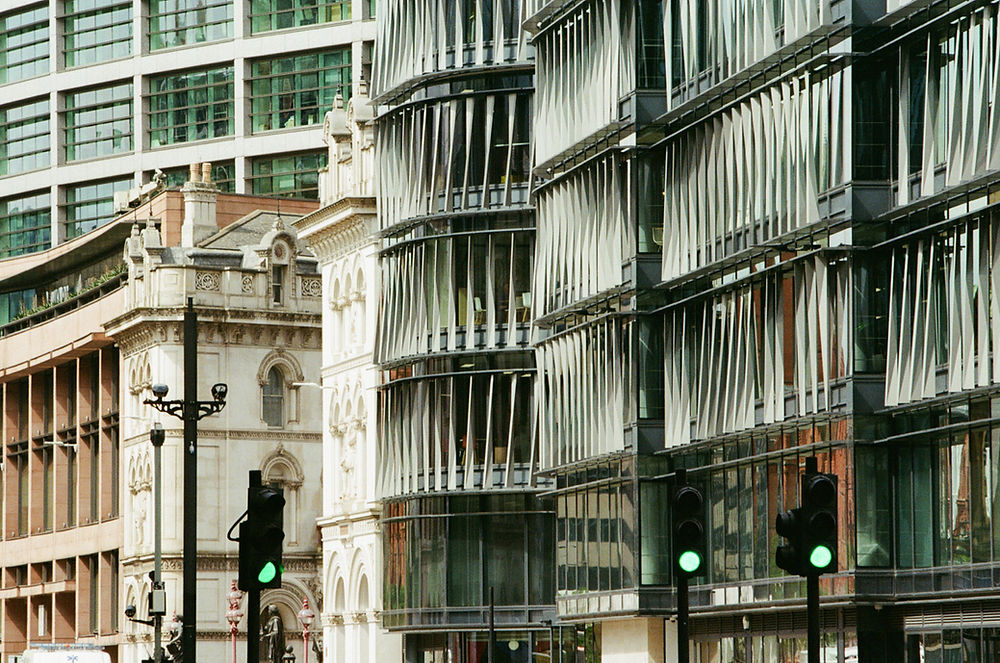 Modern and historic building facades in London street photography