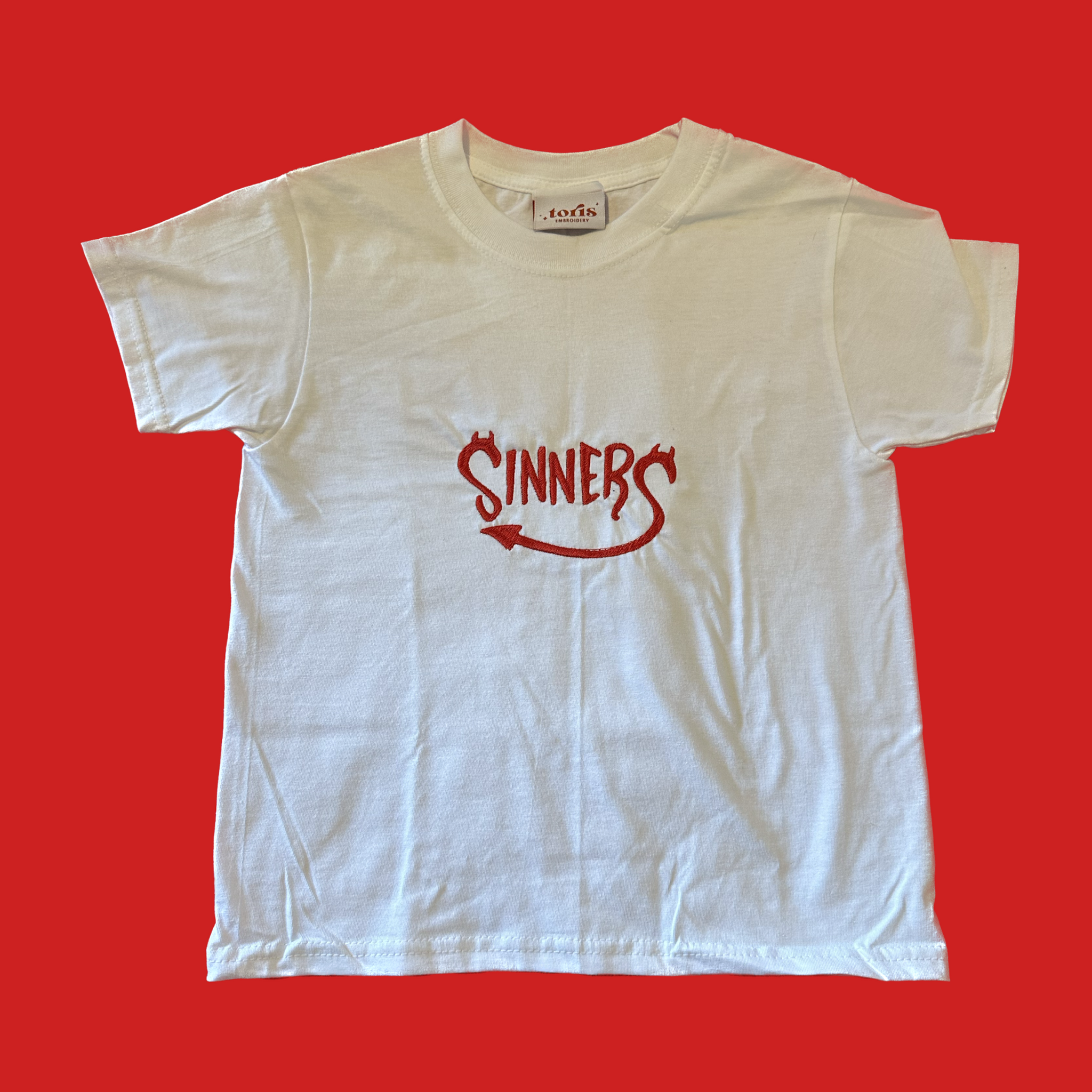 sinners halloween embroidered baby tee