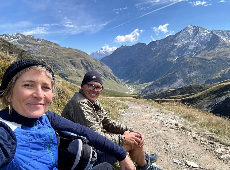 Susannah and Nathan on the trail of the Tour du Mont Blanc. Relationship strengthening as empty nesters