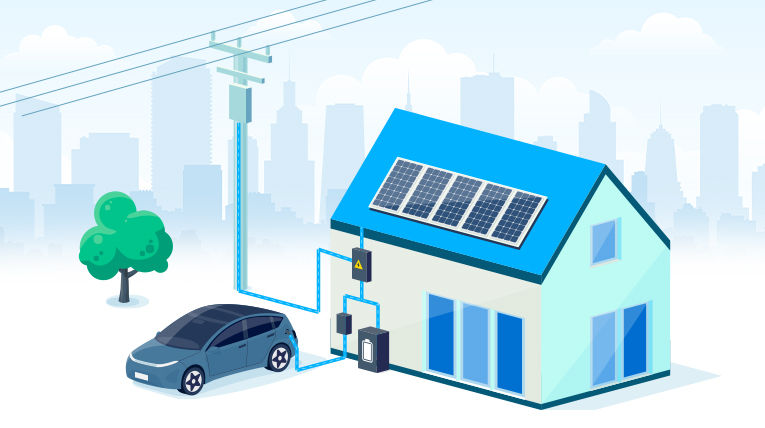 V2H vehicle-to-home charging illustration showing an electric vehicle connected to a house with solar panels and power grid in New Jersey