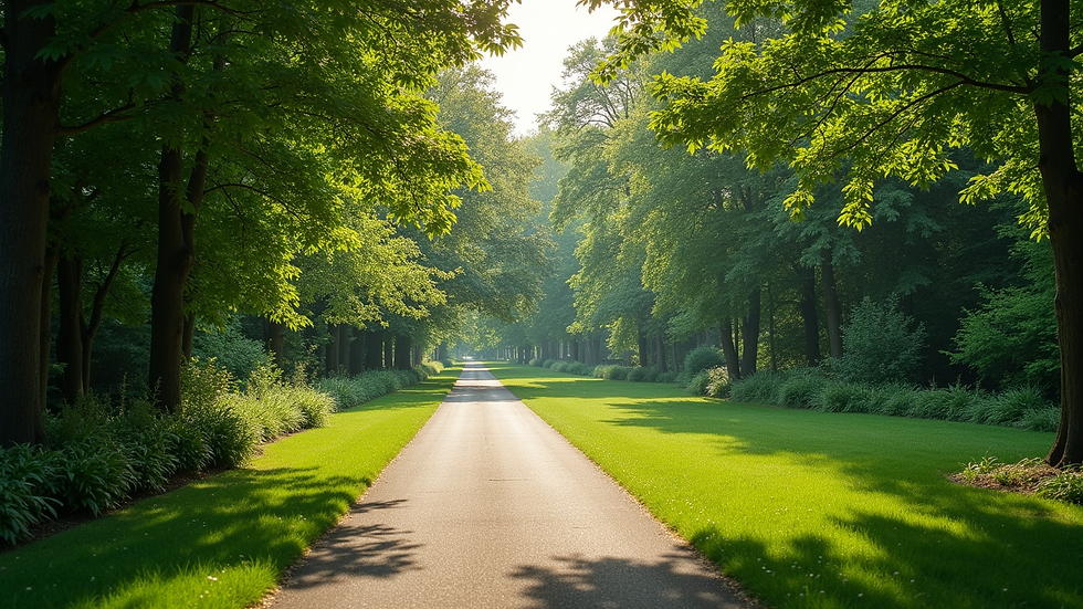 High angle view of a peaceful park path surrounded by greenery