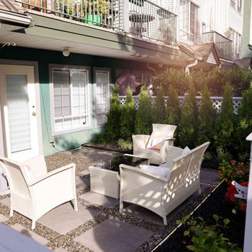 Wide view of modern patio design showing relationship between architectural elements and outdoor living space with white woven furniture