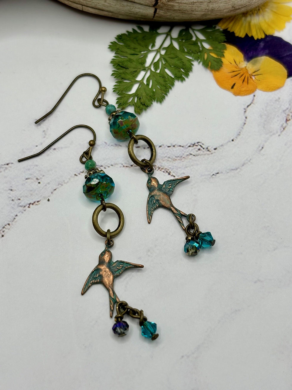 Birdsong earrings with a blend of Czech glass and Swarovski crystal.