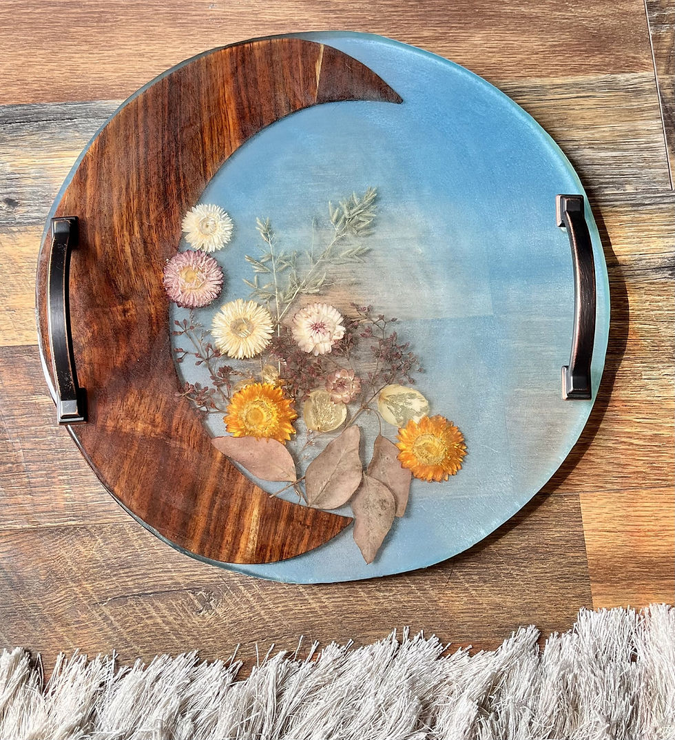 Miniature : Decorative wooden tray with flowers and moon design, rustic aesthetic, handles.
