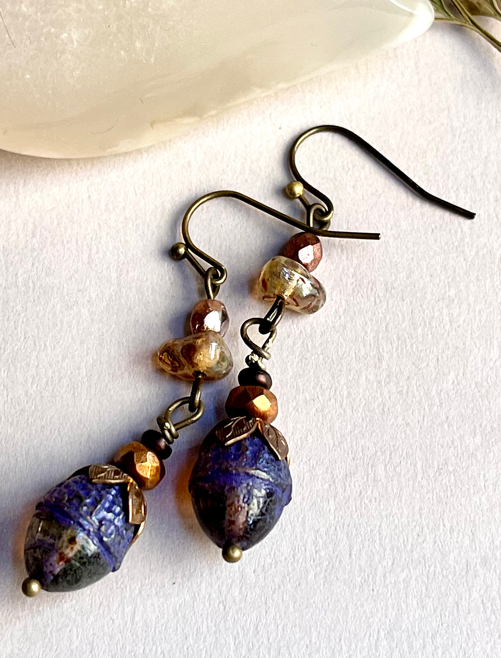 Thumbnail: Czech Glass Acorn Blues, Drop Earrings