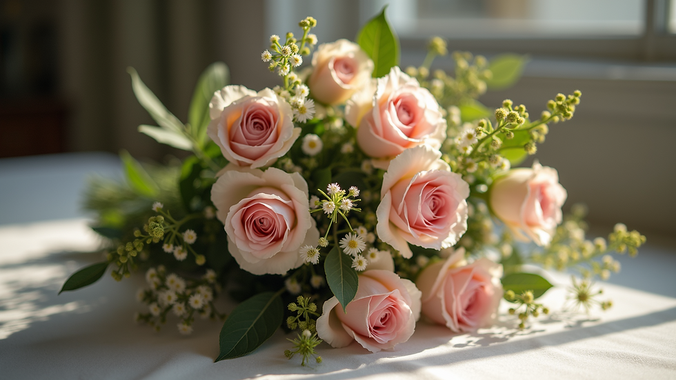 Close-up view of a bouquet of flowers on a table