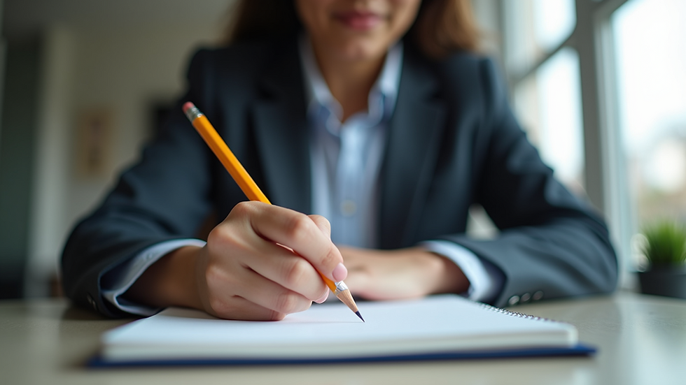 Eye-level view of a person sitting at a desk with a notebook and pencil