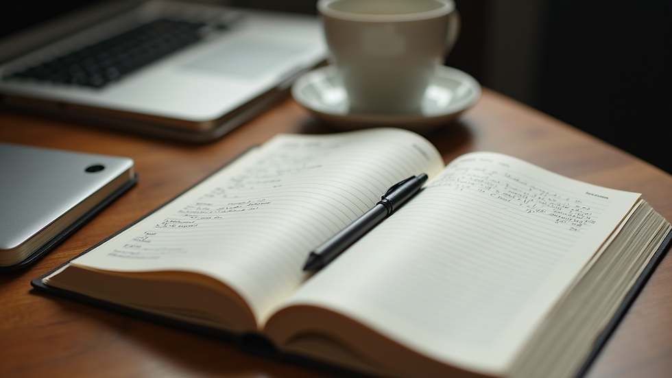 High angle view of an open diary with writing materials on a desk