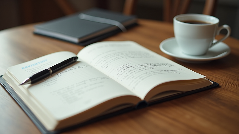 High angle view of an open notebook with written notes and a pen on a wooden table