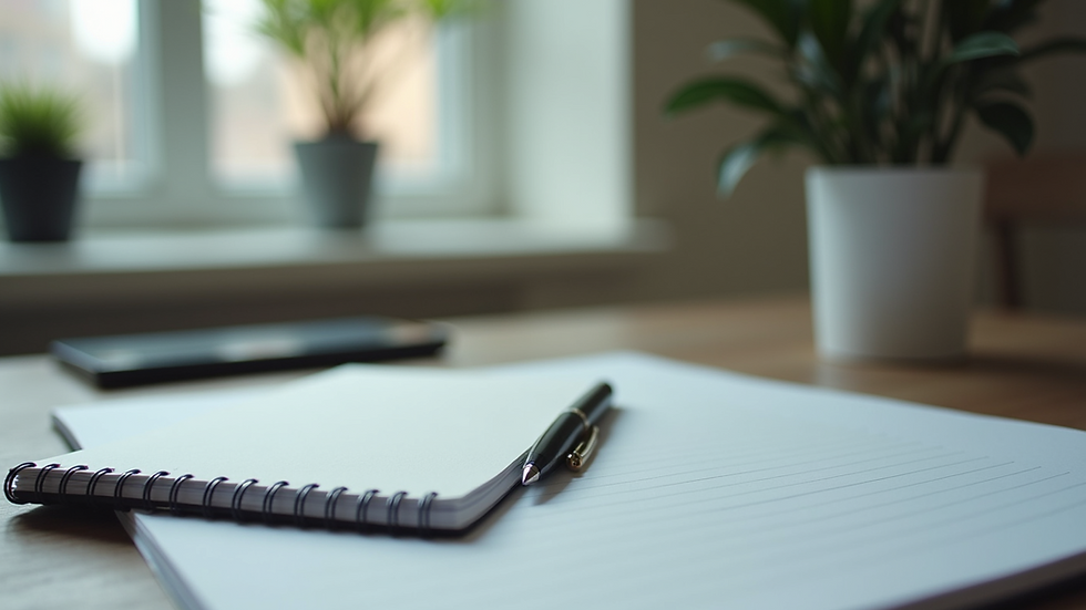 Eye-level view of a calm office setting with notebooks and pens on a desk
