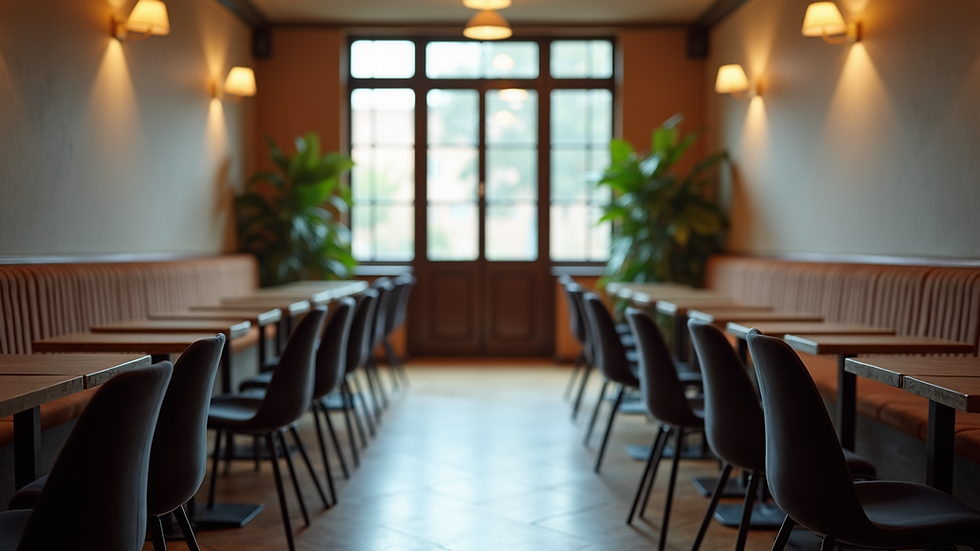 Close-up view of an empty café with chairs and tables set for a meeting