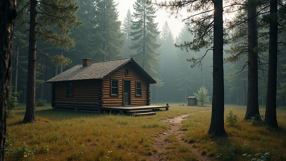 Wide angle view of a rustic off-grid cabin surrounded by trees