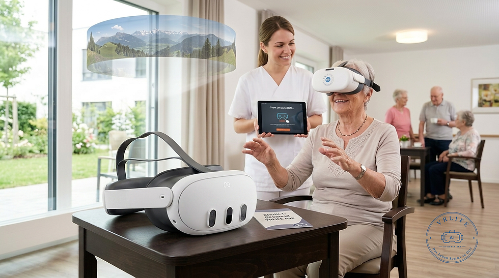 Meta Quest VR headset being used by an elderly person to explore virtual 360° natural landscapes with the VRLIFE app.