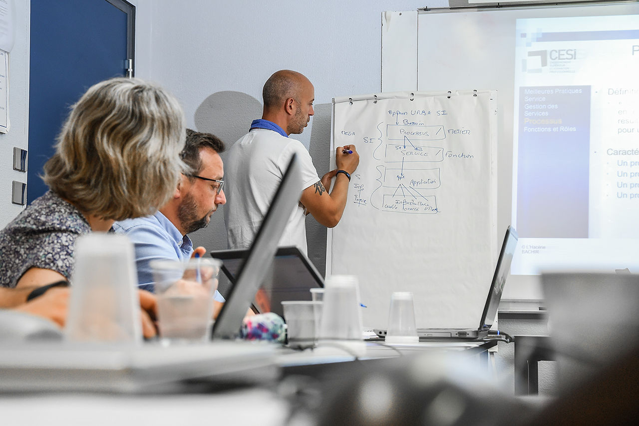 Formateur expliquant un schéma au tableau à CESI Toulouse