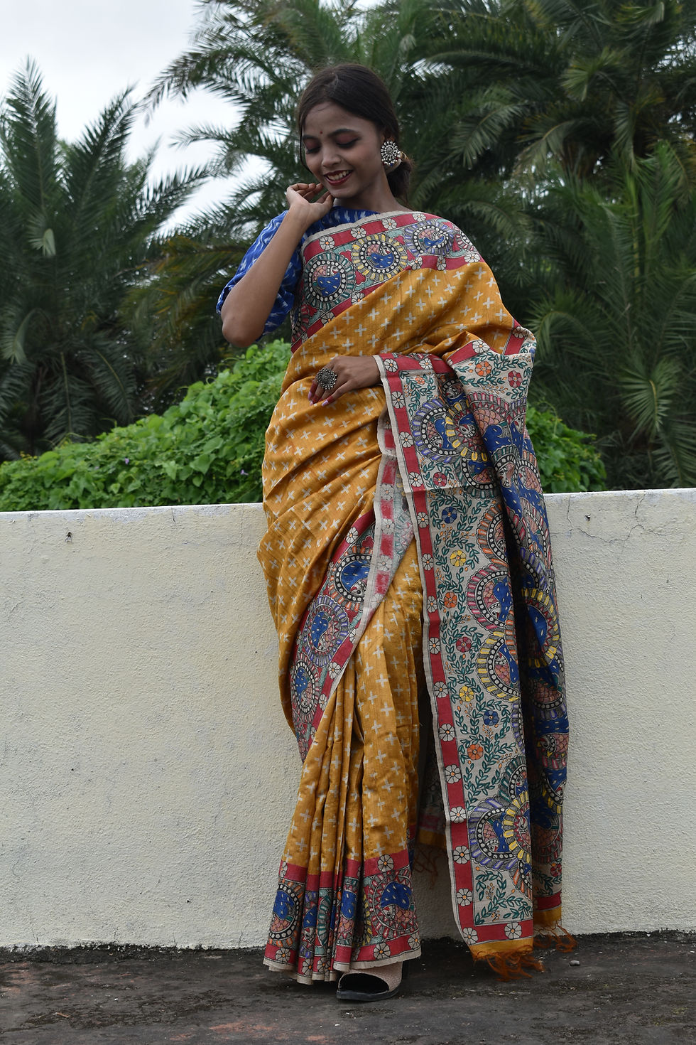 Thumbnail: MALLIKA : Madhubani Handpainted silk mark tussar silk saree