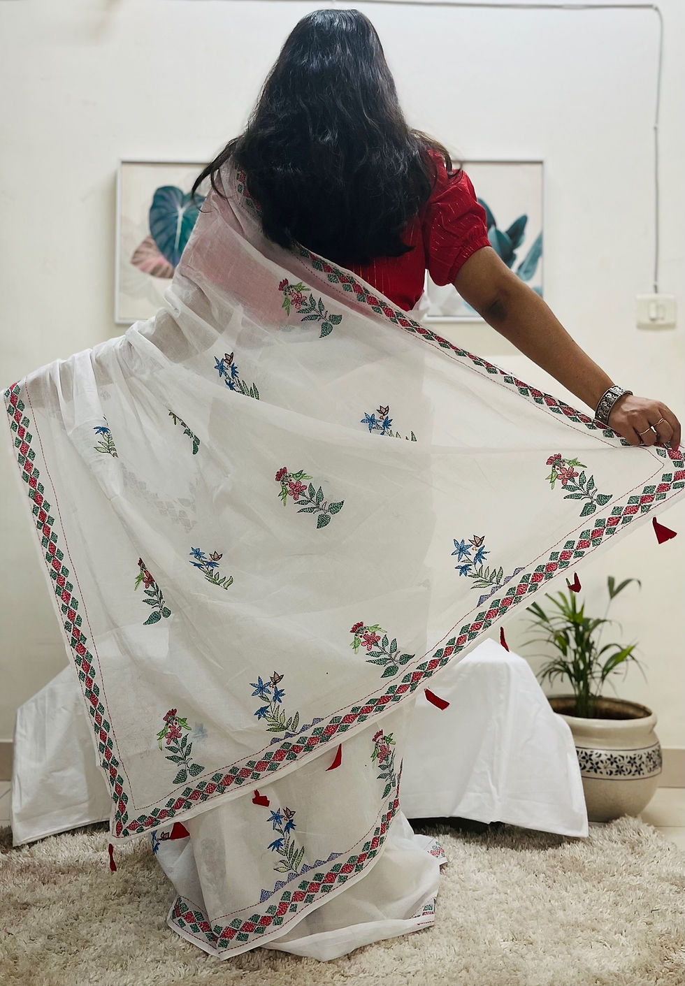 Thumbnail: Sujani Hand-Embroidered Mulmul Cotton Saree