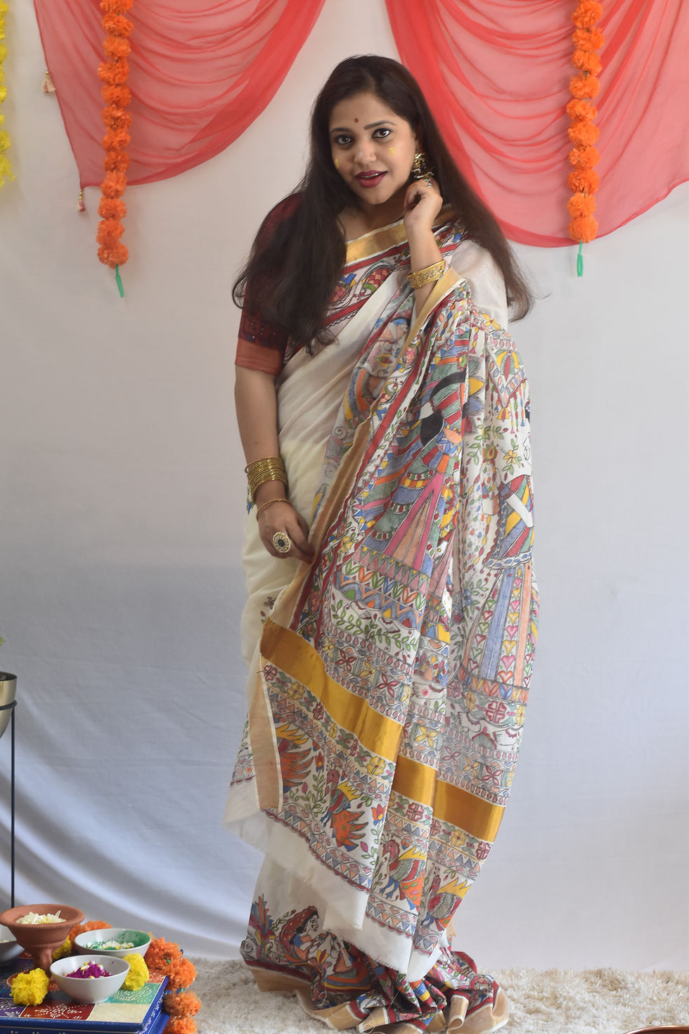 Thumbnail: Geetanjali Maa Saraswati Handpainted Madhubani Kerala Cotton Saree