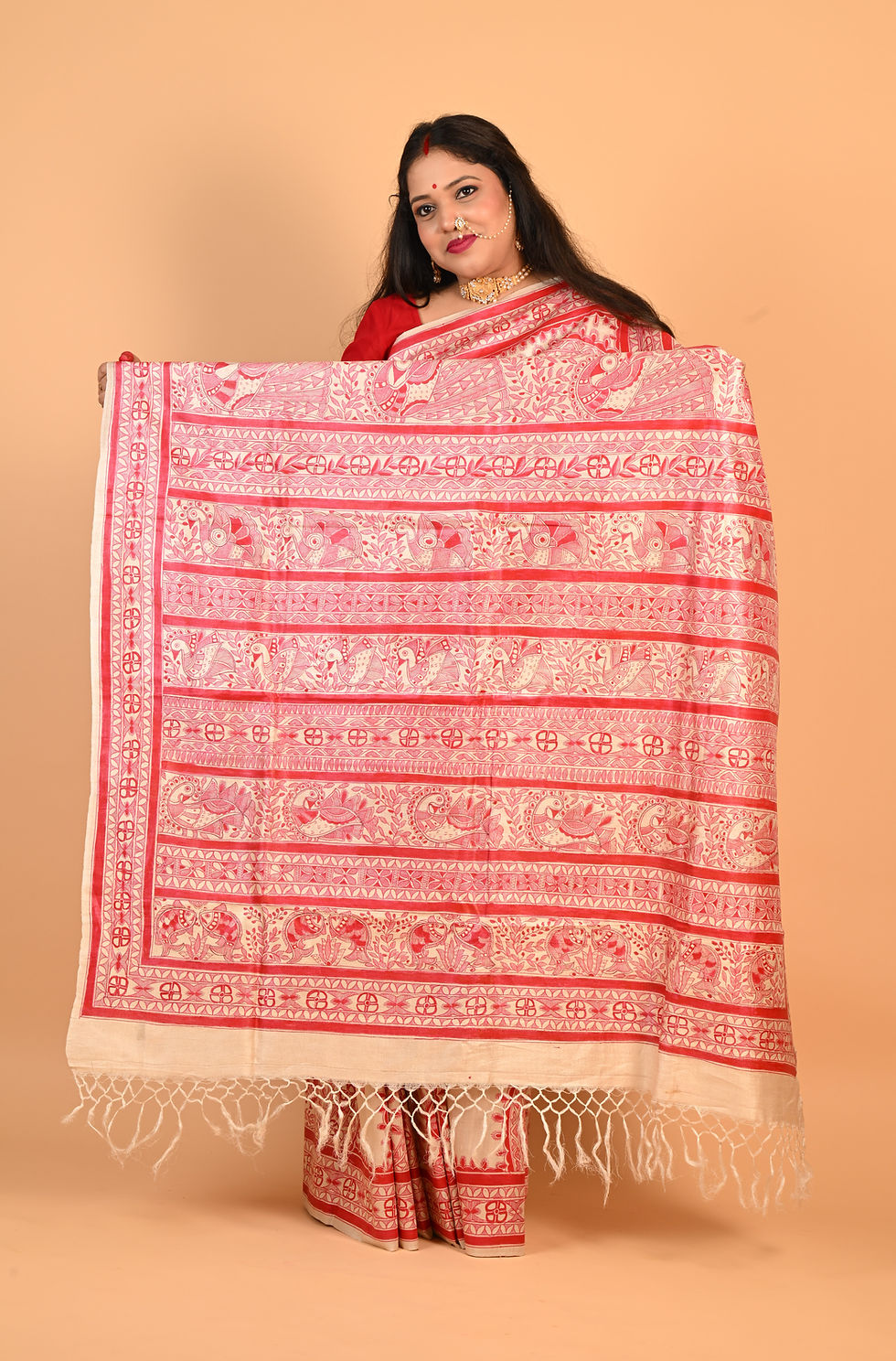Thumbnail: Durga Dhaara : Handpainted Madhubani Tussar silk Saree